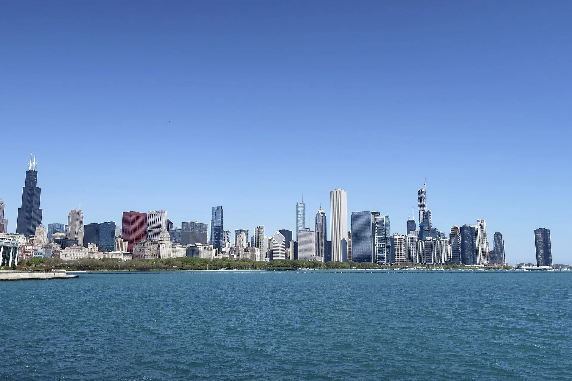 Chicago skyline viewed across Lake Michigan from the lakefront trail at Northerly Island