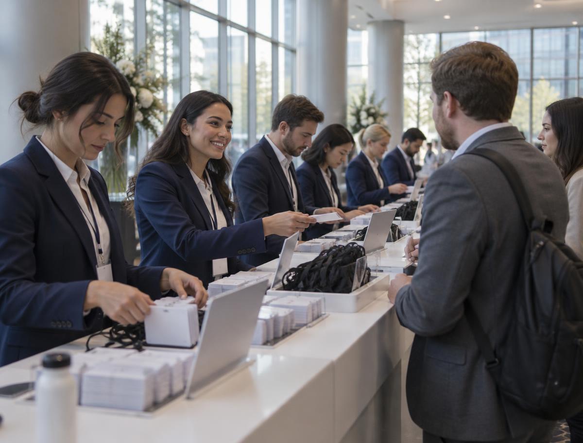 A We Staff It conference team of six staff in navy blazers working a row of registration desks at a convention expo