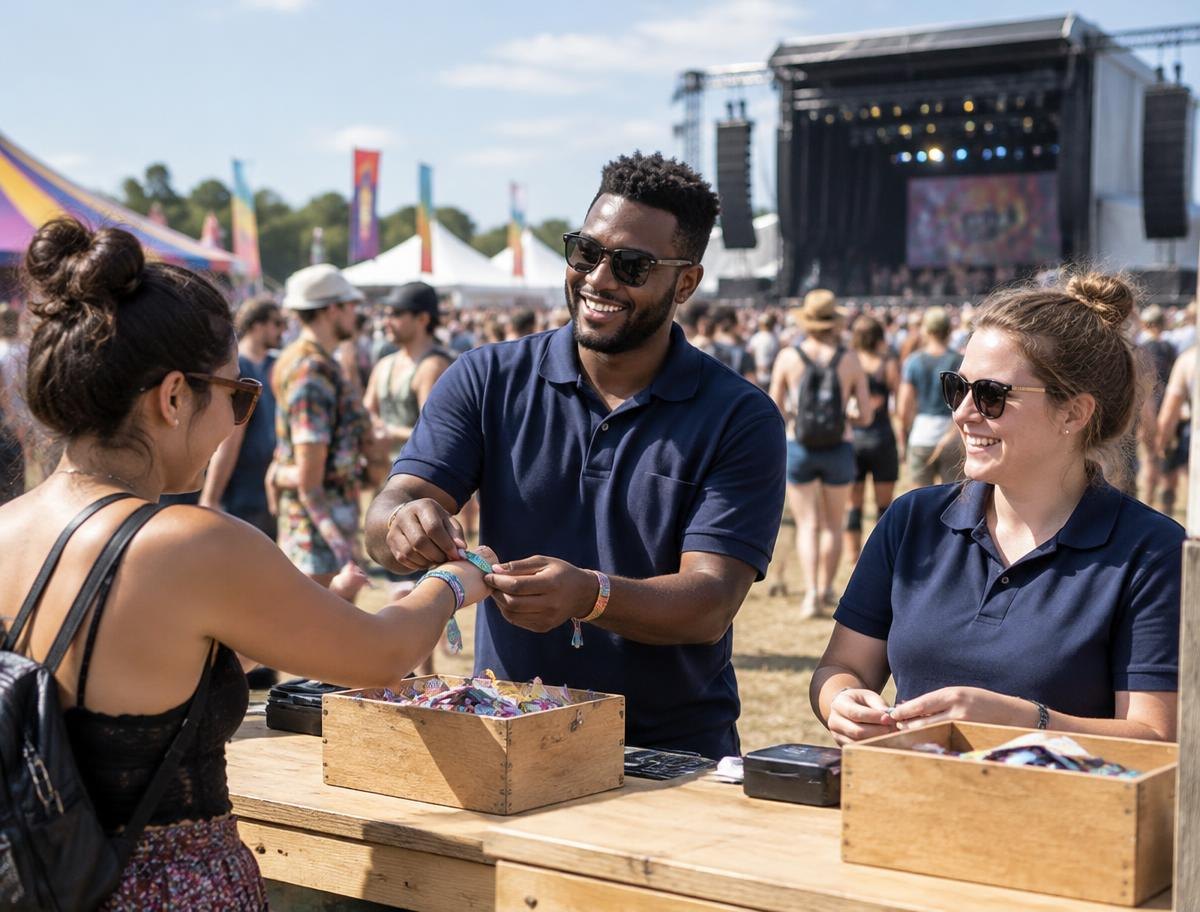 Representative AI-generated scene of festival staff assisting attendees at a wristband station