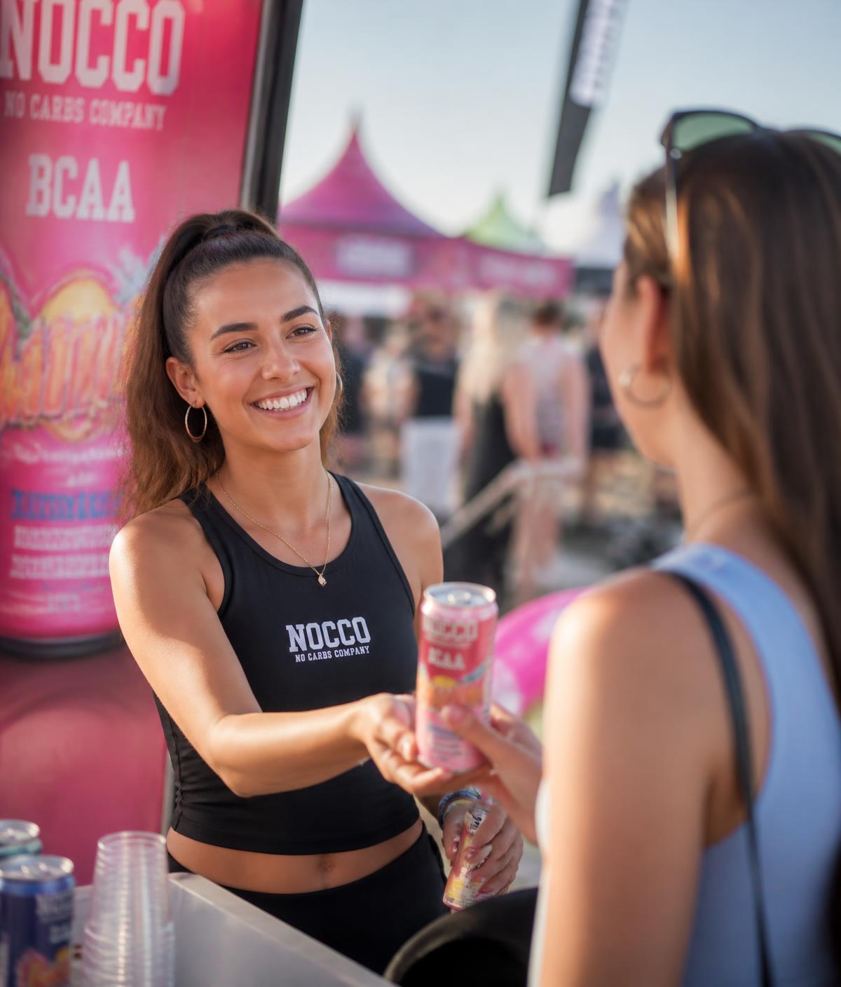 Brand ambassador handing a sample to a guest at a festival