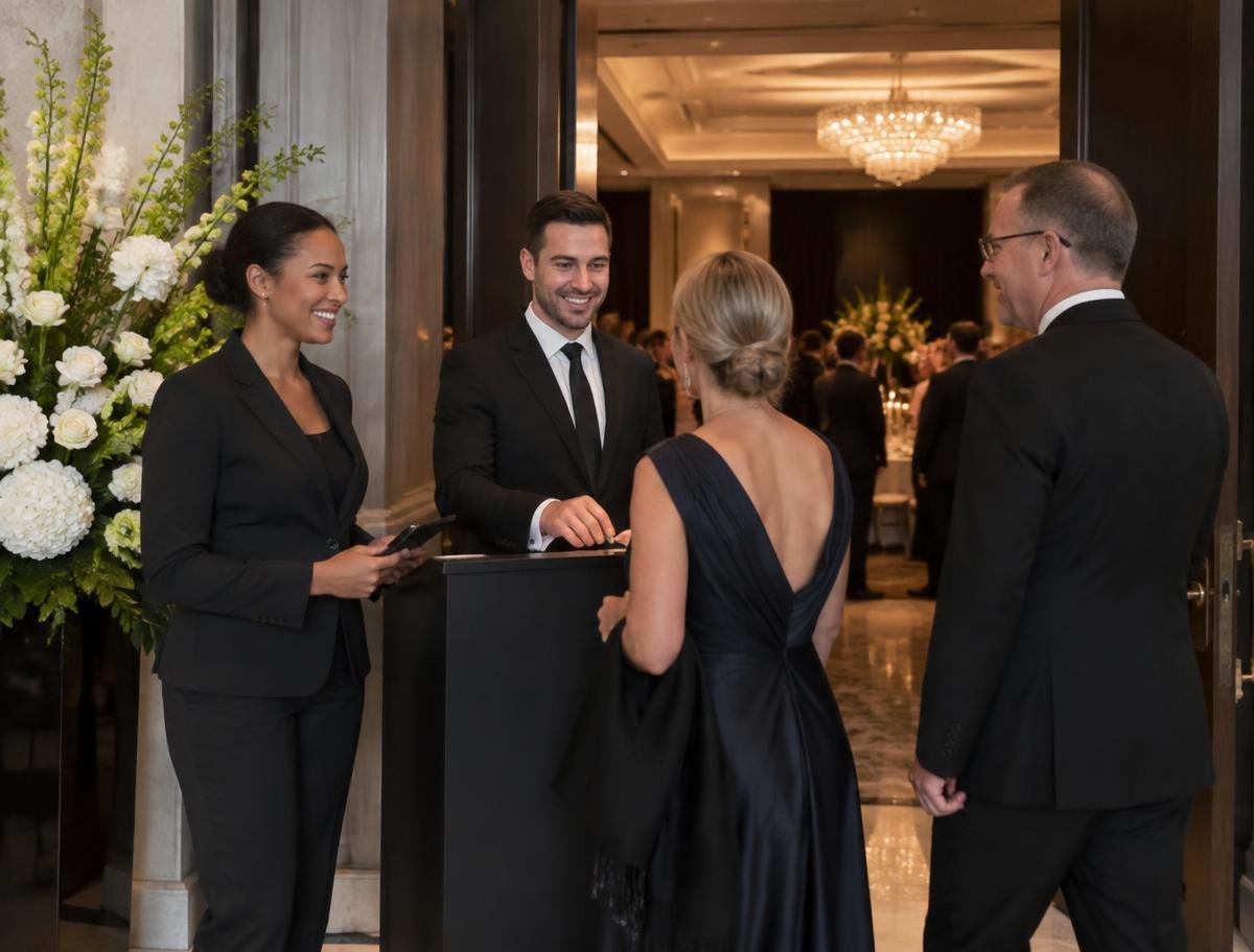 Representative AI-generated scene of suited hosts welcoming guests at a gala entrance