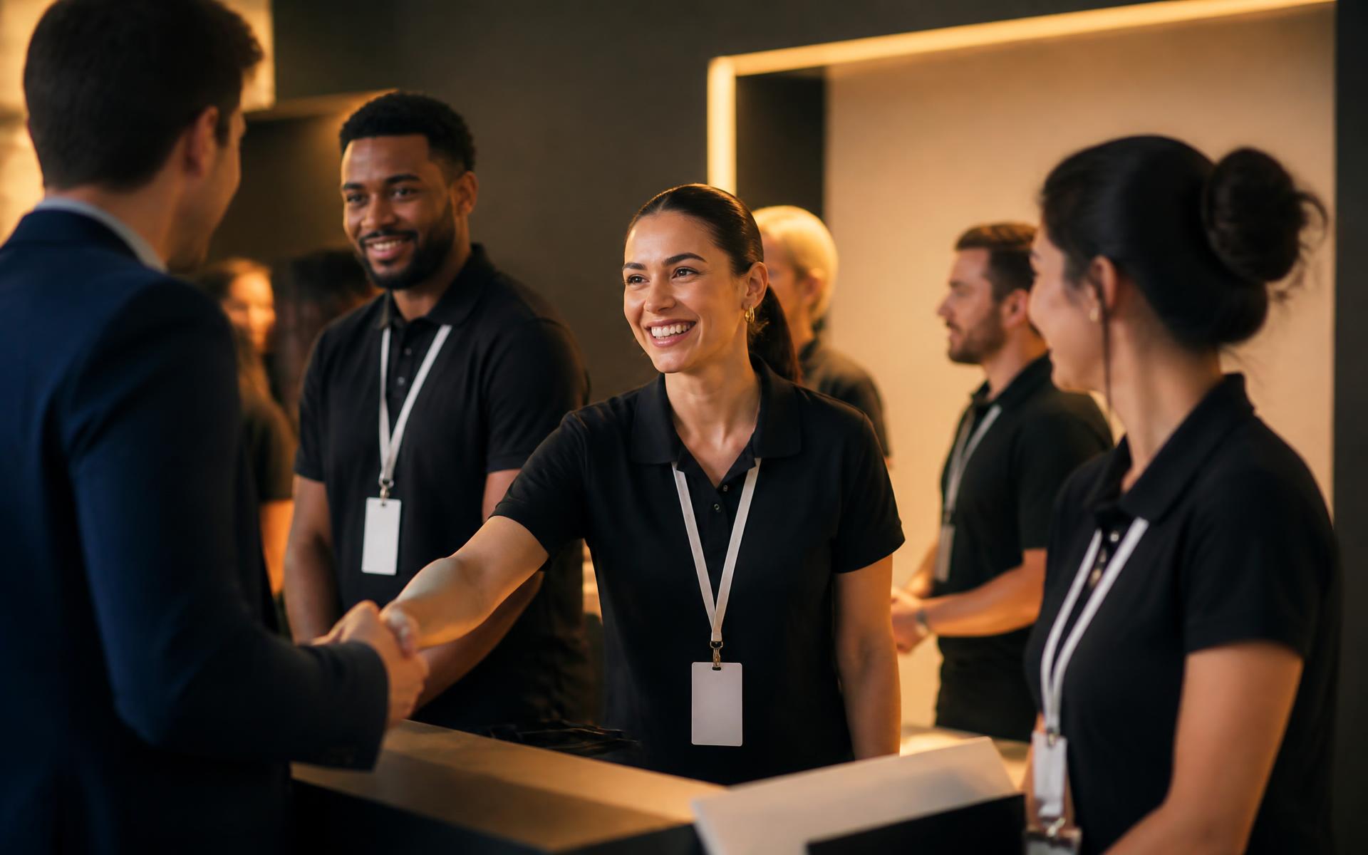 Event staff greeting guests at a brand activation