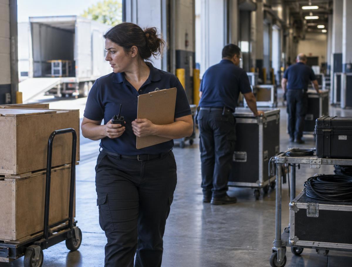 Representative AI-generated scene of a logistics coordinator carrying a radio and clipboard through a loading dock during event setup