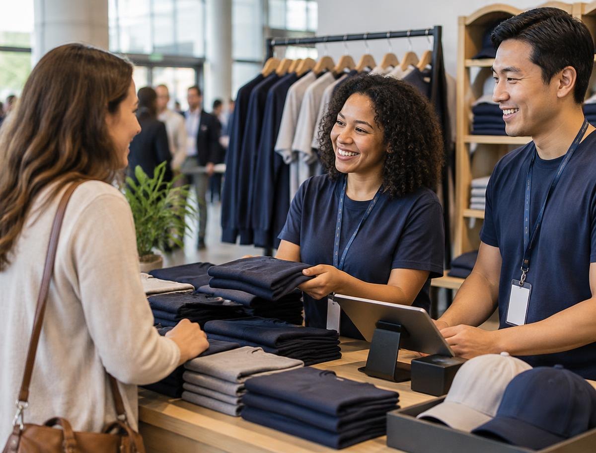 Representative AI-generated scene of merchandise staff helping a customer at a sales counter
