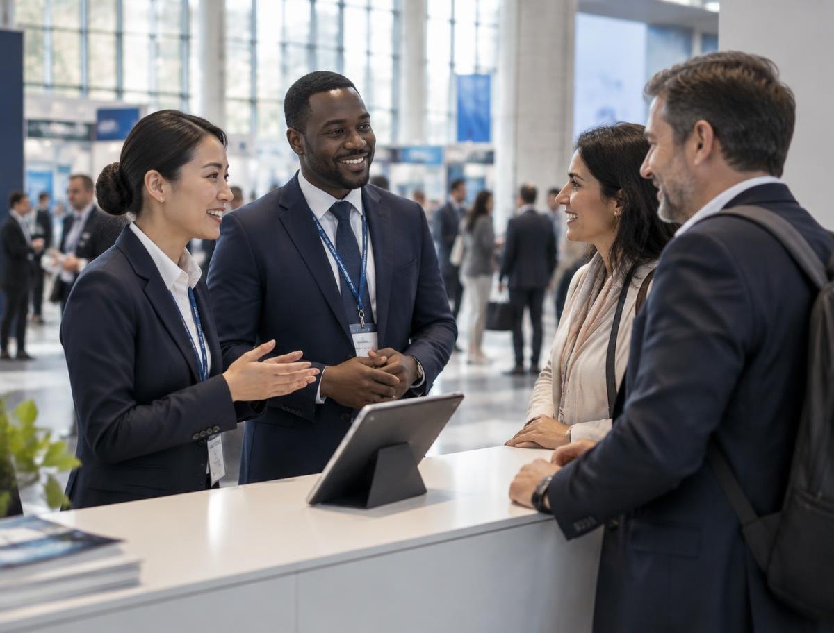 Representative AI-generated scene of multilingual event professionals assisting international visitors