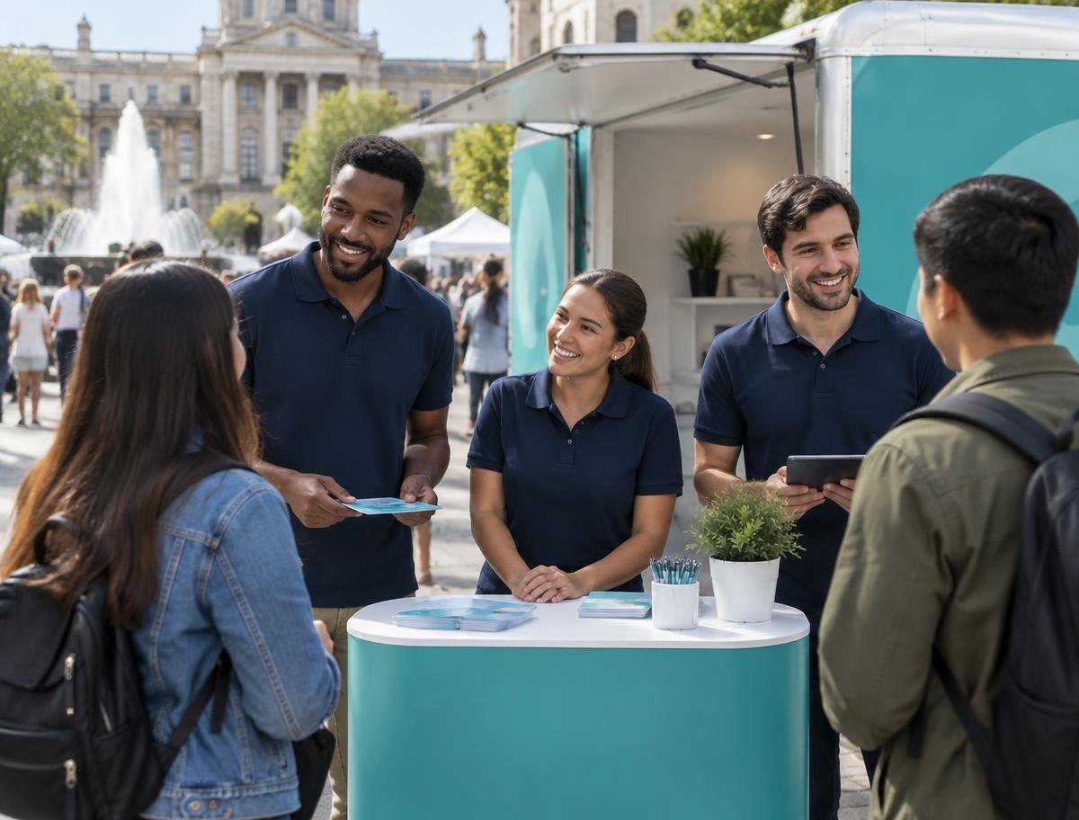Representative AI-generated scene of an activation team engaging visitors beside a mobile event trailer